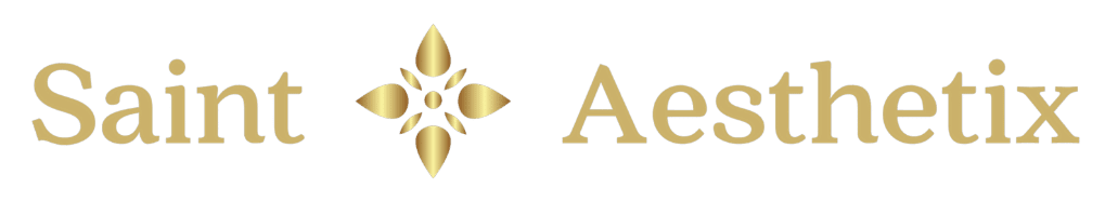 Saint Aesthetix horizontal logo in gold serif typography with a central starburst icon on a white background.