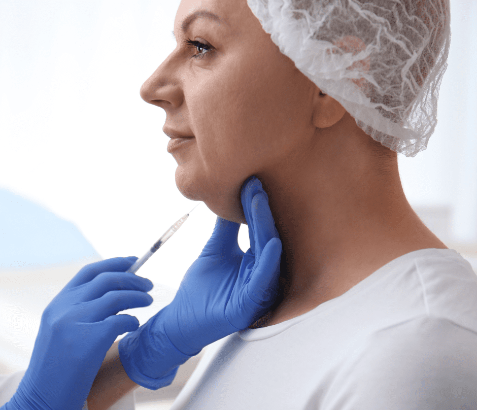 a woman facing the side while receiving an injection treatment