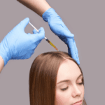 woman getting injection on her scalp