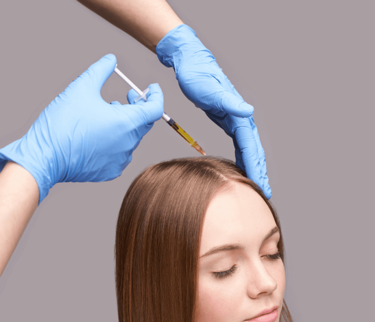 woman getting injection on her scalp