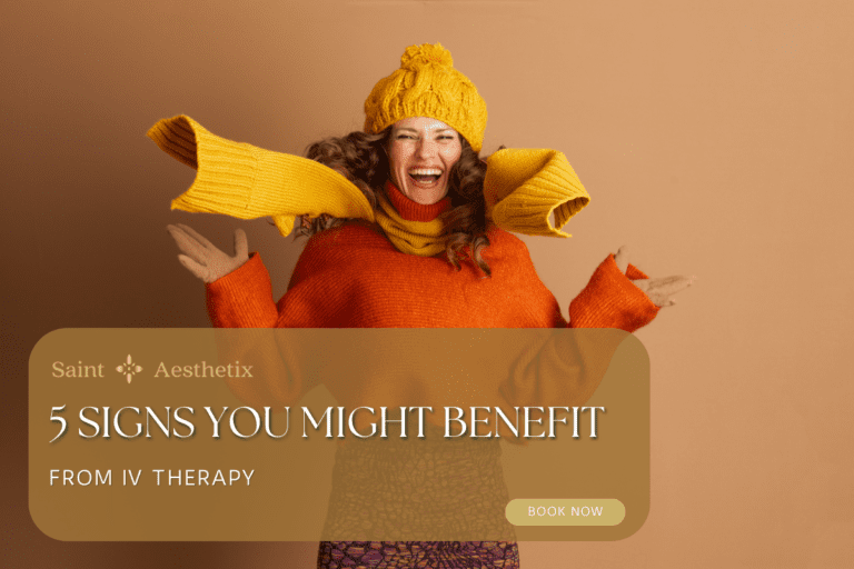 A joyful woman in a bright orange sweater, yellow scarf, and hat gleefully poses against a warm beige background, highlighting IV therapy benefits.