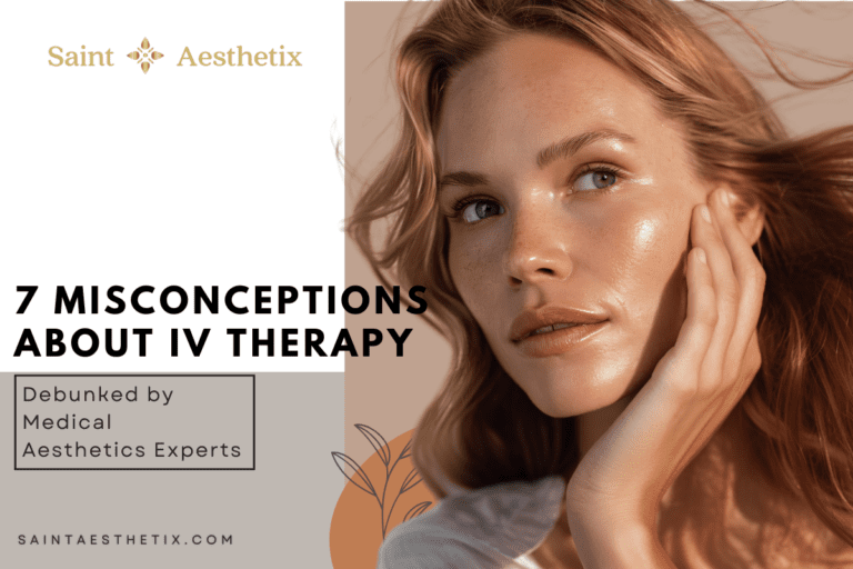Educational graphic titled 7 Misconceptions About IV Therapy debunked by medical aesthetics experts at Saint Aesthetix.