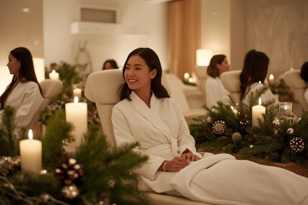 Woman relaxing in a spa chair with candles and festive décor during a holiday spa party planning event in a serene wellness setting.