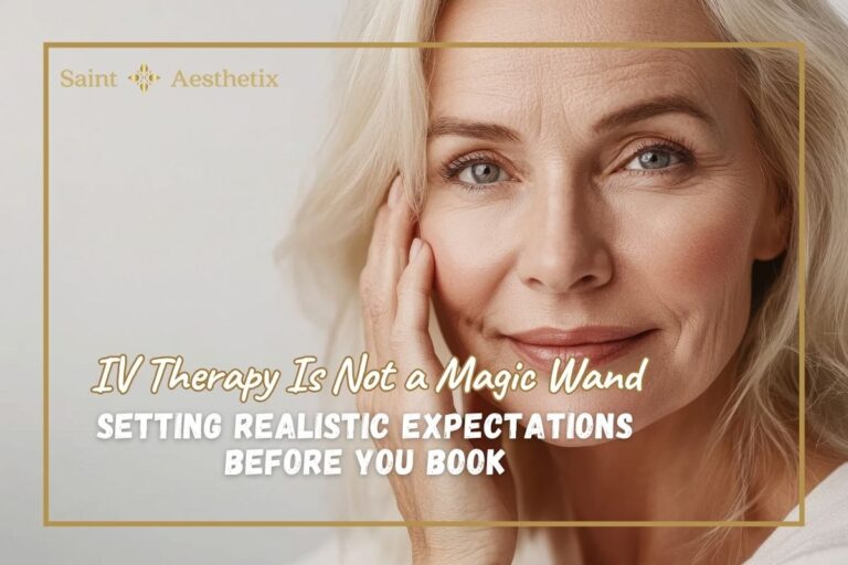 A mature woman with light hair and a gentle smile touches her face, illustrating insights from our IV therapy guide on setting realistic expectations.