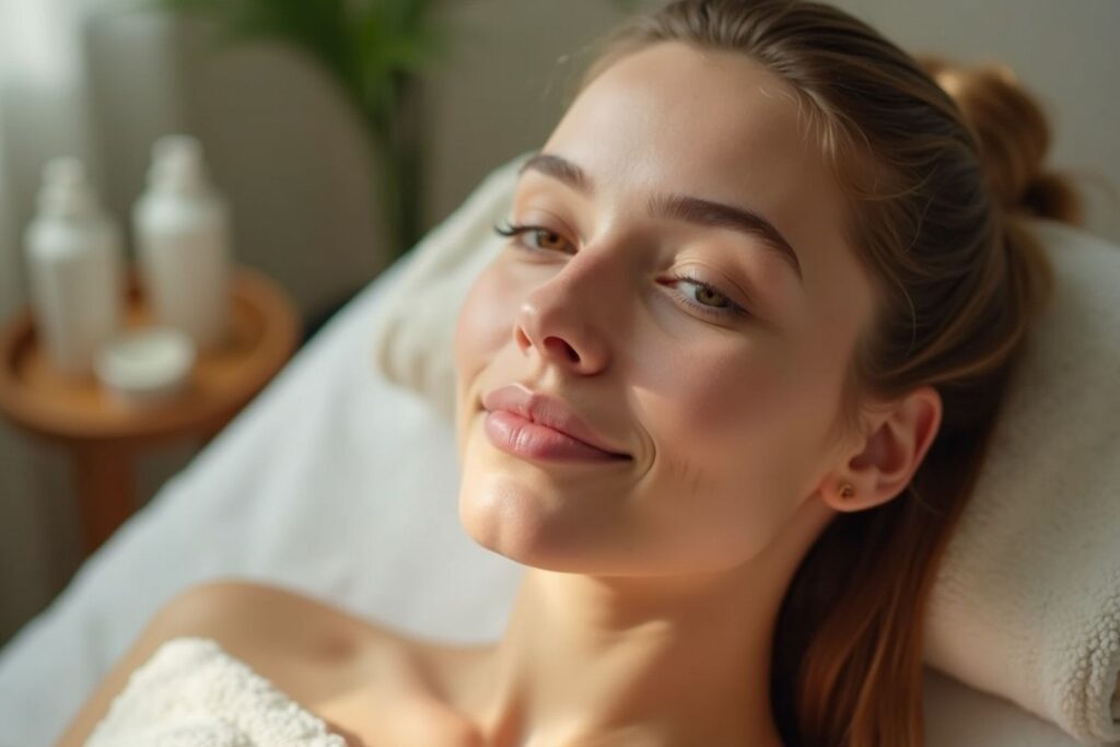 A woman relaxes on a spa bed wrapped in a towel with a content expression, highlighting relaxing spa gifts in a serene treatment setting. Skincare products appear in the background.