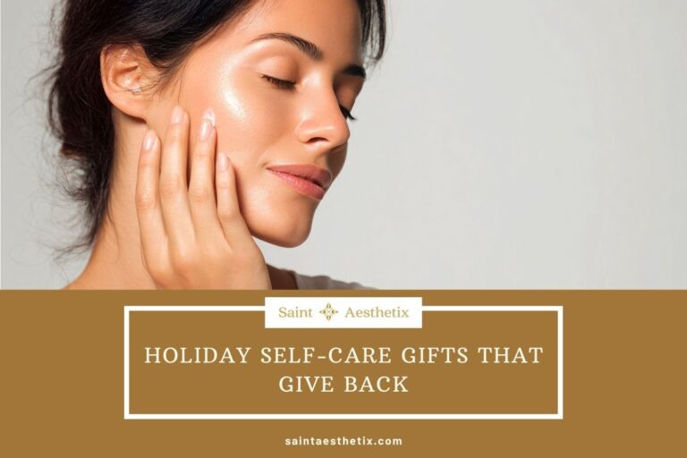 Woman with glowing skin gently touching her face, exuding calmness, promoting holiday spa gifts. Text on a brown background reads, “Holiday Self-Care Gifts That Give Back.”