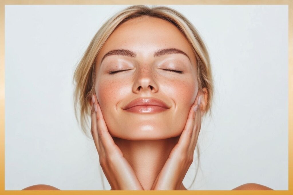 A woman with glowing skin and closed eyes gently touches her cheeks, showcasing the benefits of IV therapy for skin and relaxation.
