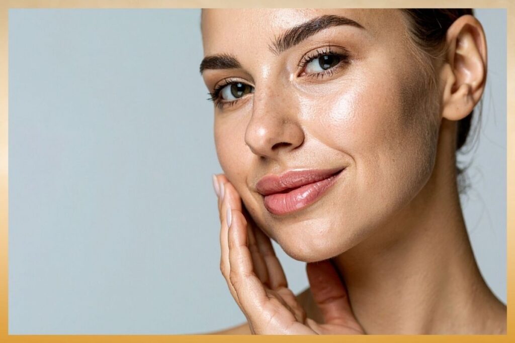 A smiling woman with glowing skin touches her cheek, reflecting the beauty and hydration benefits of IV therapy for skin.