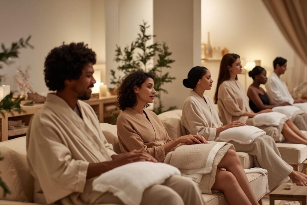 Guests in beige robes sit relaxed in a spa with soft lighting and plants, creating a calm setting for gender-inclusive holiday wellness events.
