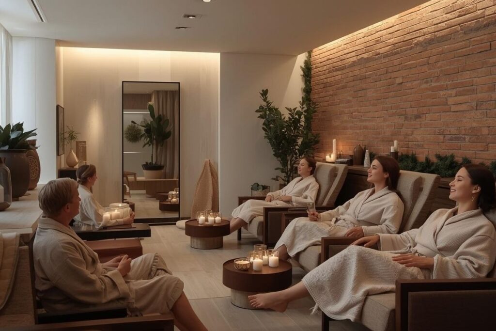 Four people in robes unwind in a warm spa lounge with candles and a brick wall, ideal for hosting gender-inclusive holiday wellness events.