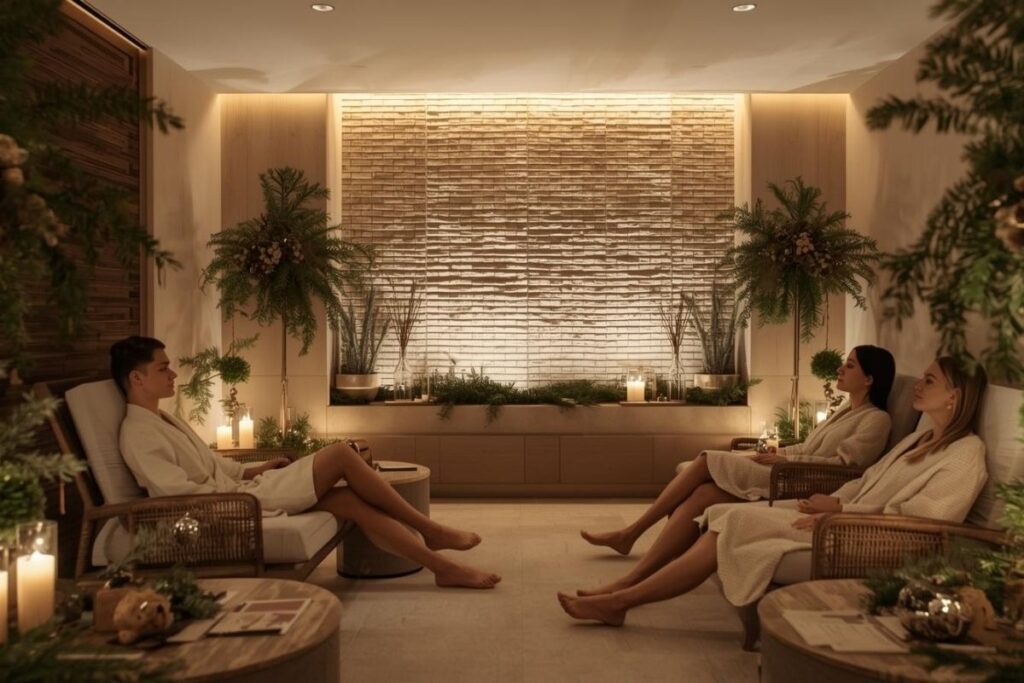 Three guests in white robes enjoy a serene spa room with soft lighting and plants, perfect for gender-inclusive holiday wellness events.