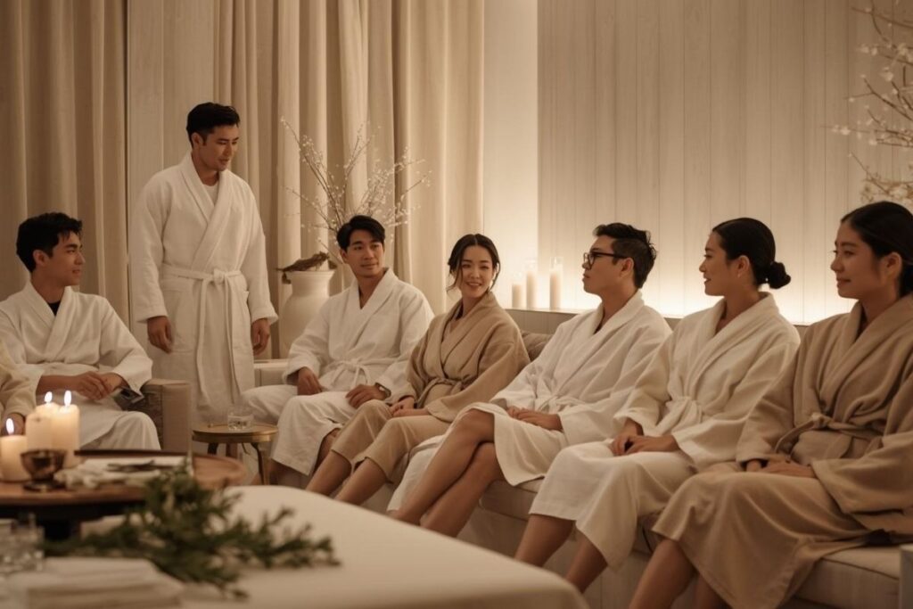 A group in white and beige robes relax in a spa room with warm lighting, candles, and plants, perfect for gender-inclusive holiday wellness events.