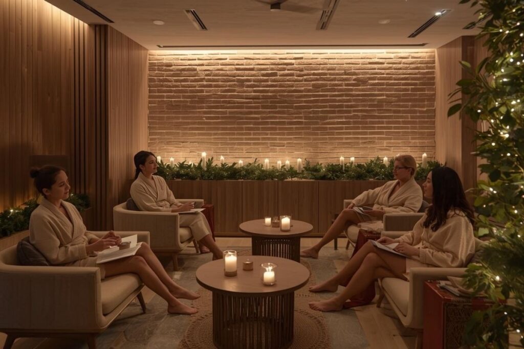 Guests in robes sit in a dimly lit spa with candles and greenery, providing a serene space for gender-inclusive holiday wellness events.