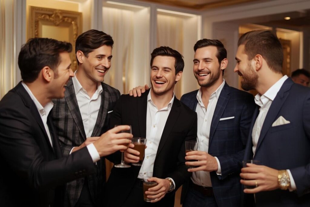 Five men in suits smiling and holding drinks while enjoying lively conversation at a classy indoor holiday private event venue, ideal for booking an intimate holiday gathering space.