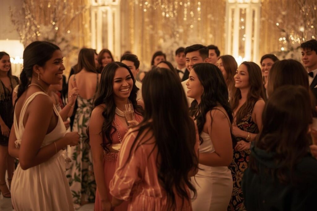 A joyful group of young adults in formal attire gathered at an elegant holiday private event venue, with warm lighting and gold decorations, perfect for hosting a festive celebration.