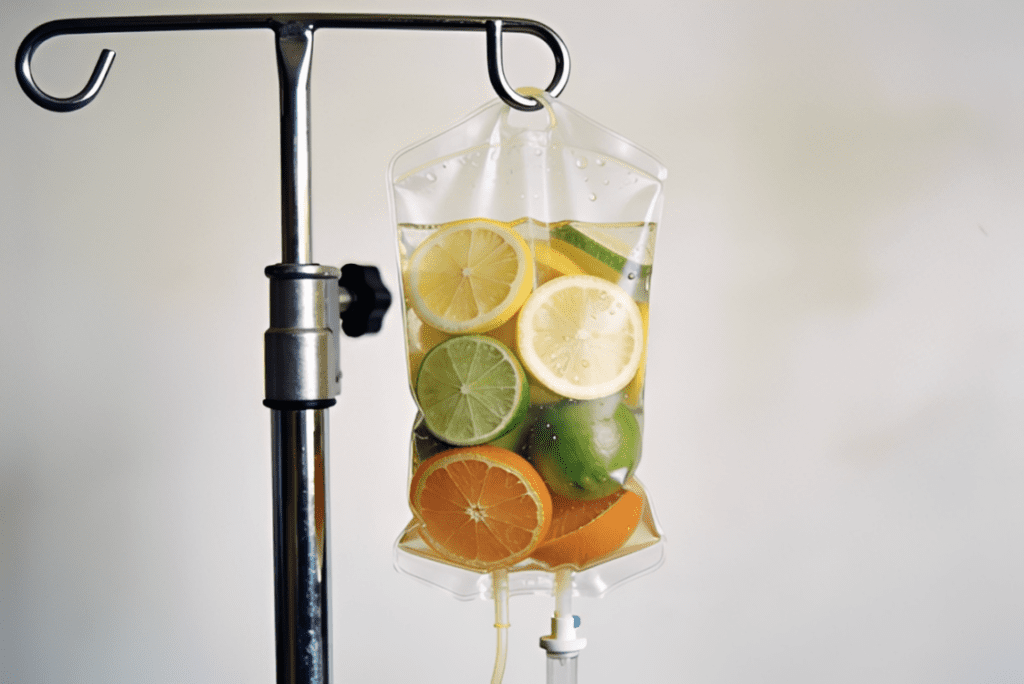 A vitamin-infused drip bag with fresh citrus, representing IV therapy immune support for seasonal health.