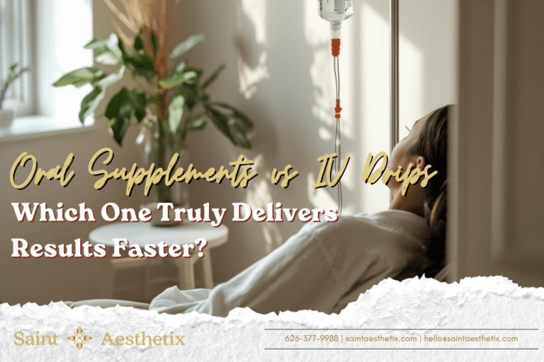 Comparison of IV therapy vs oral supplements for fast results, featuring a woman receiving a wellness drip at a clinic.