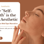 "Why Self-Worth is the Best Aesthetic" blog header image for Saint Aesthetix, a gender-inclusive med spa, featuring a profile portrait of a woman with natural, freckled skin and clear text.