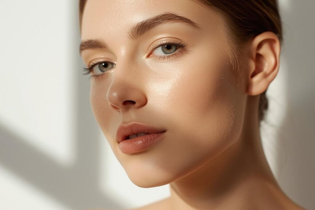Close-up of a woman with glowing, clear skin in soft natural light, highlighting a healthy and hydrated complexion.