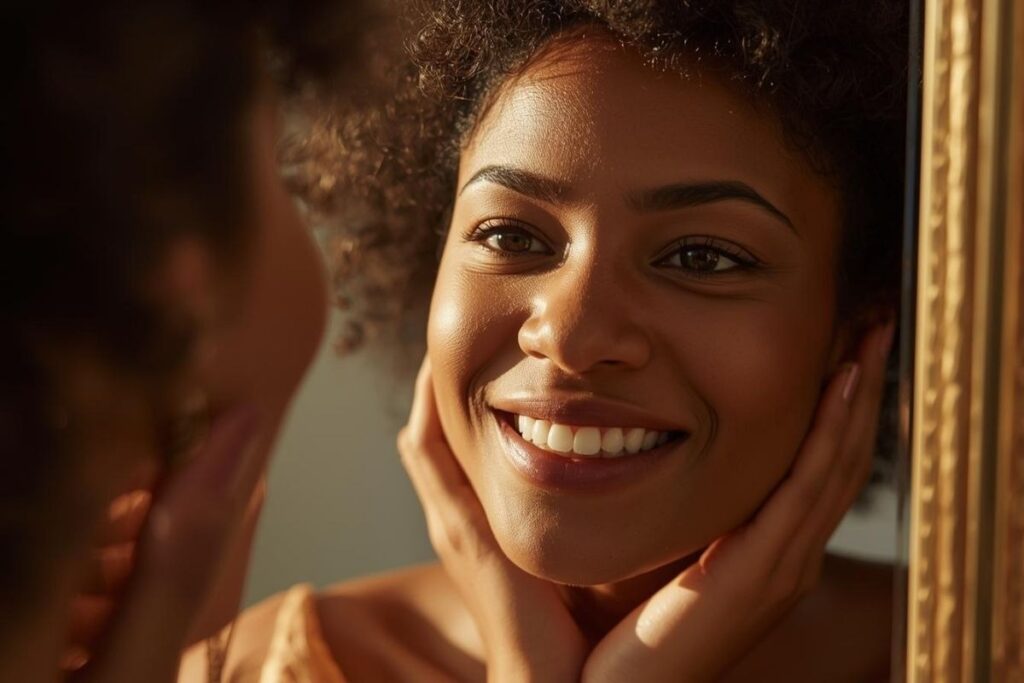 A smiling person with glowing skin looking in a mirror, representing self-worth and internal wellness at Saint Aesthetix, a gender-inclusive med spa.