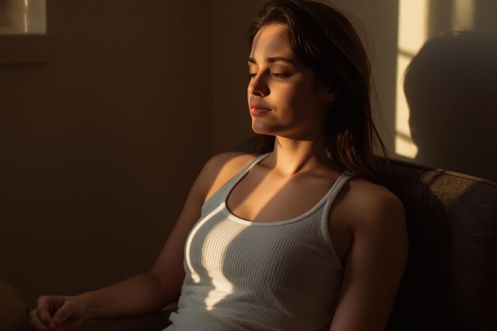 A person in a calm, sunlit space practicing self-care and stress reduction at Saint Aesthetix, a gender-inclusive med spa in Monrovia.