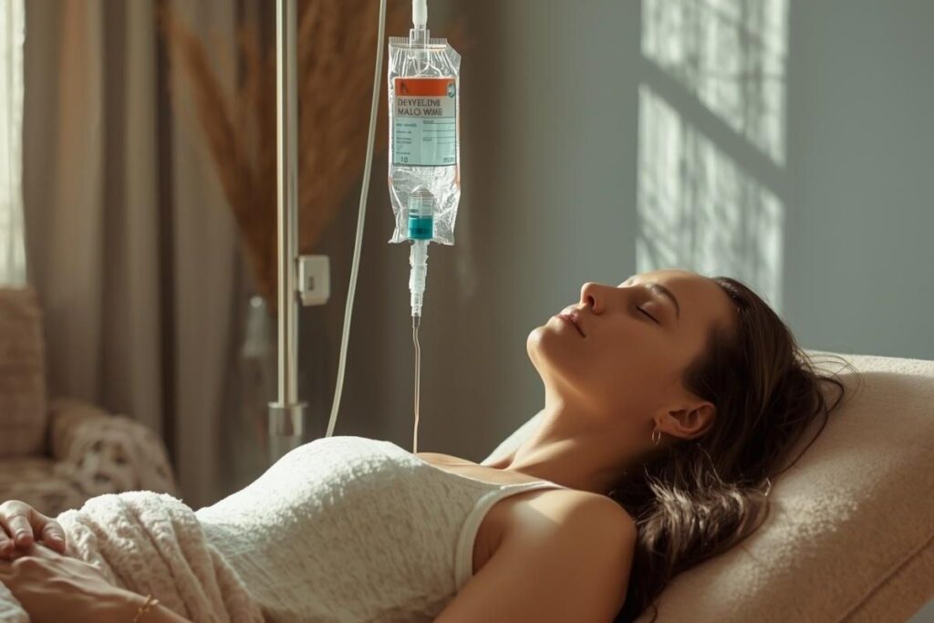 Woman resting during a wellness session focused on IV therapy vs oral supplements for hydration.