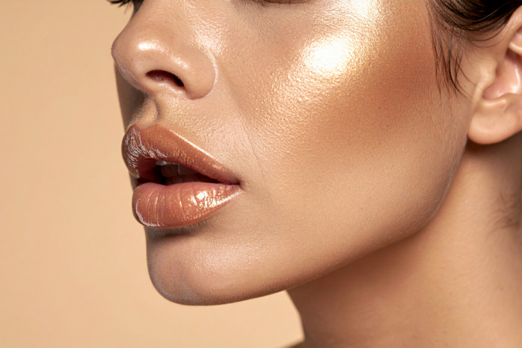 Close-up profile of a woman with highlighted, glowing cheekbones and nude glossy lips
