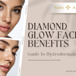 Graphic titled Diamond Glow Facial Benefits: Guide to Hydrodermabrasion by Saint Aesthetix, featuring photos of a woman with radiant, glowing skin.