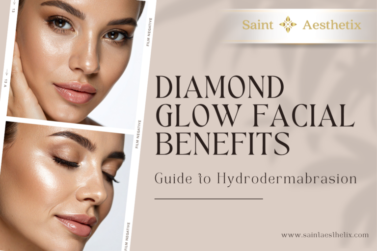 Graphic titled Diamond Glow Facial Benefits: Guide to Hydrodermabrasion by Saint Aesthetix, featuring photos of a woman with radiant, glowing skin.