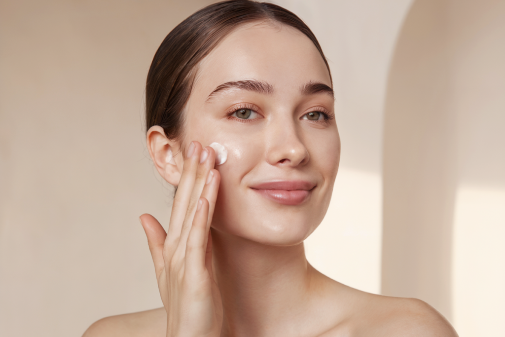 Smiling woman applying facial moisturizer cream to her cheek against a neutral warm backdrop