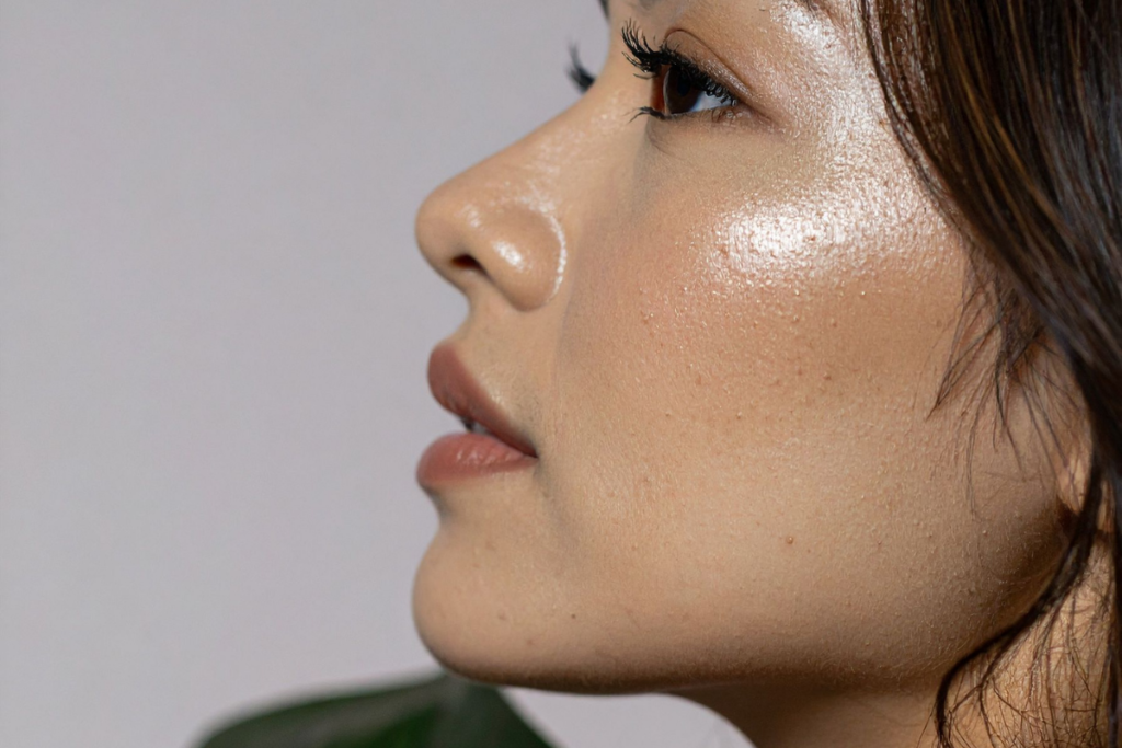 Side profile close-up of a woman's face showcasing clear, glowing, hydrated skin and subtle makeup