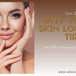 Woman with glowing skin alongside text: Why your skin looks tired and what Diamond Glow does differently by Saint Aesthetix.
