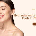 Smiling woman with smooth skin alongside a "Book Now" button and text: Why Hydrodermabrasion Feels Different by Saint Aesthetix.