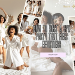 Women in white robes laughing and celebrating. Text reads: "How to host a spa party that feels effortless" with a "Book Now" button