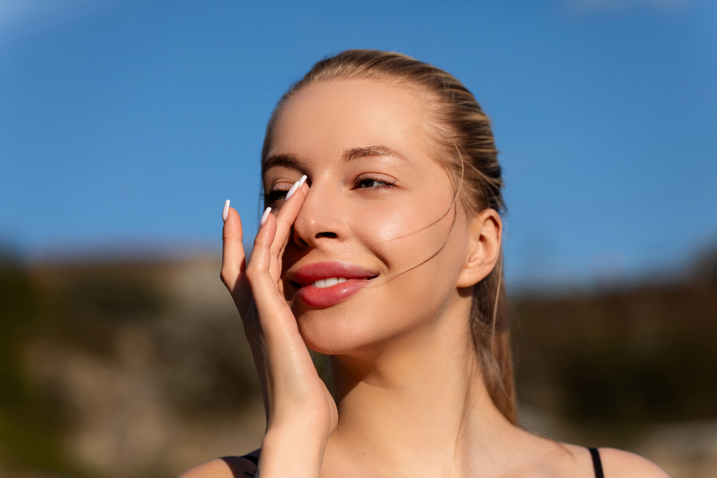Sunlit portrait of a woman touching her face outdoors.