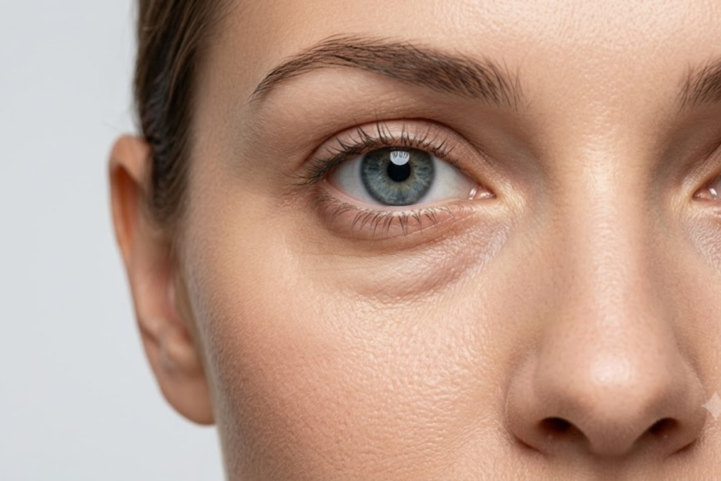 Close-up of a woman's eye showing under-eye skin texture and tear troughs.