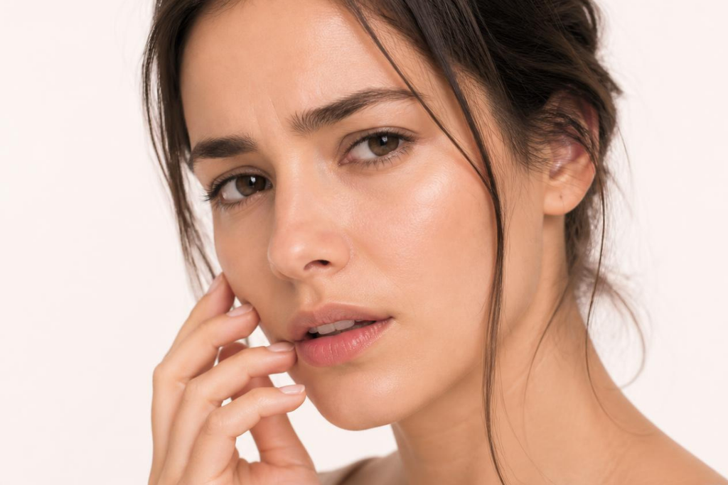 Close-up portrait of a woman touching her face to highlight smooth, radiant skin post-microneedling therapy.