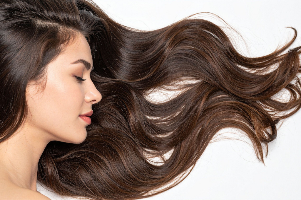 Close-up profile of a woman lying down with eyes closed showcasing long, voluminous dark hair spread.
