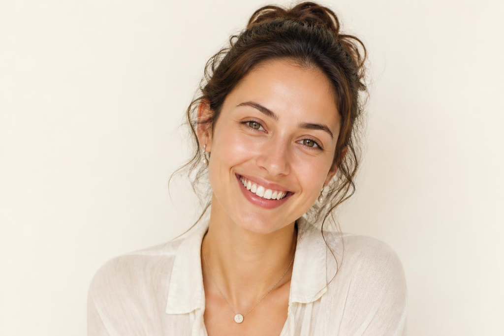 A smiling woman with a topknot hairstyle showcasing a healthy, hydrated, and glowing face.