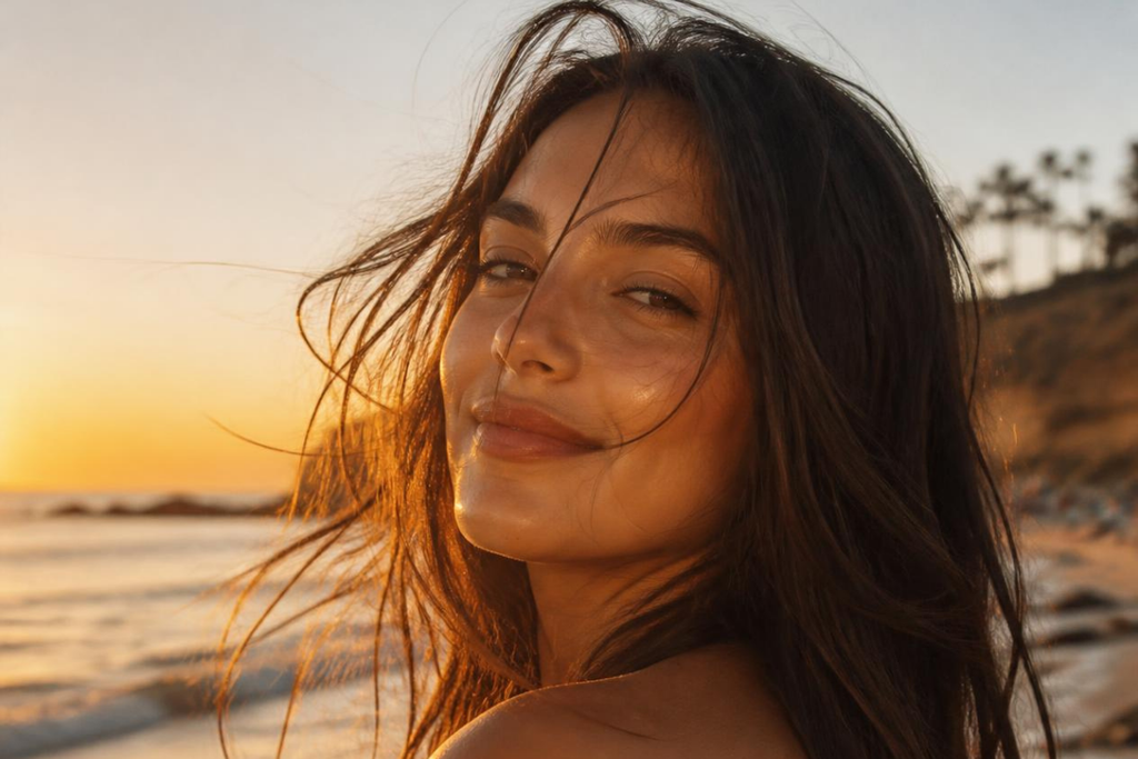 Woman with dark hair smiling gently on a beach at golden hour during sunset.