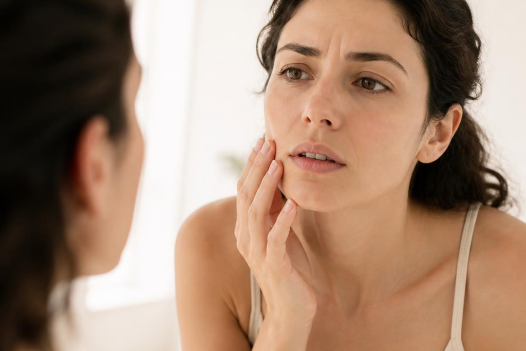 Woman examining her facial skin in a mirror with a concerned expression while touching her cheek.