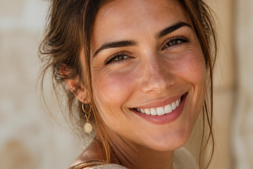 Close-up portrait of a smiling woman displaying smooth, radiant skin tone after a laser rejuvenation treatment.