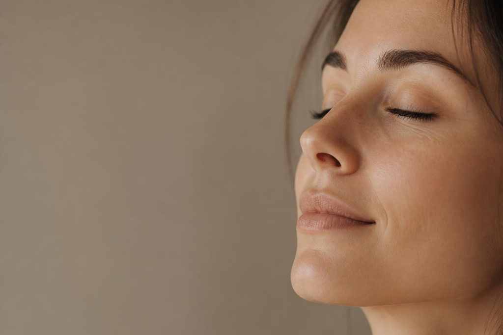 Side profile of a relaxed woman with her eyes closed.