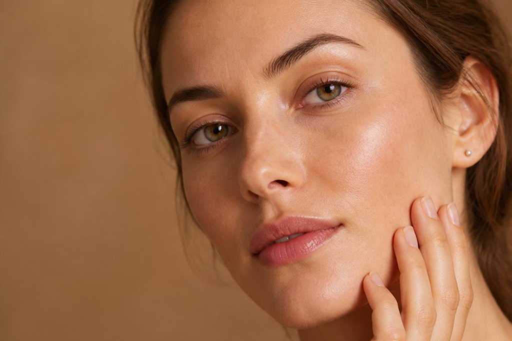 Close-up portrait of a woman touching her hydrated, clear skin showing a radiant complexion.