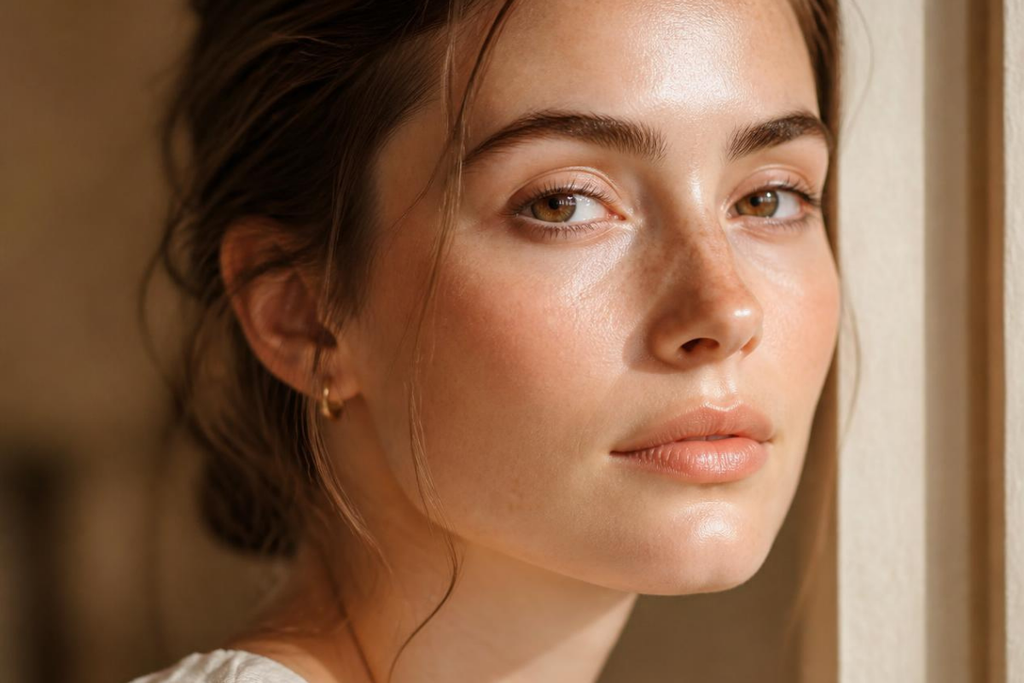 Close-up portrait of a woman with radiant, glowing skin and subtle freckles illuminated by soft natural light.