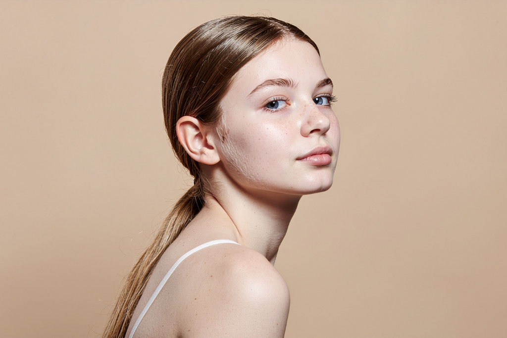 Young woman with light hair pulled back in a ponytail posing over her shoulder.
