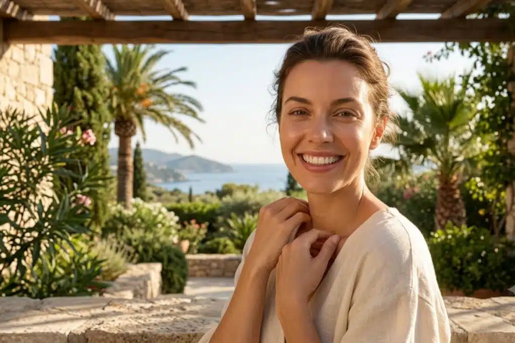 Smiling woman with clear, radiant skin enjoying natural sunlight outdoors, demonstrating healthy post-treatment results.