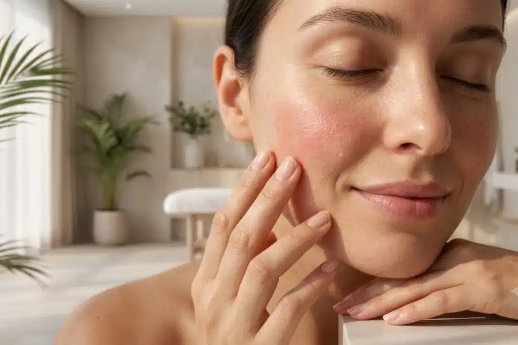 Close-up of a woman touching her cheek, highlighting subtle skin redness and facial texture in a clinical aesthetic environment.