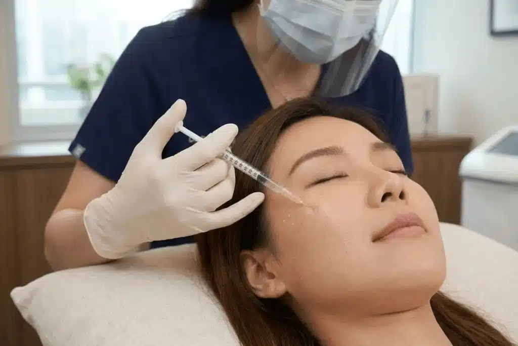 A close-up of a patient receiving a biostimulator injection from a medical professional at a clinic.