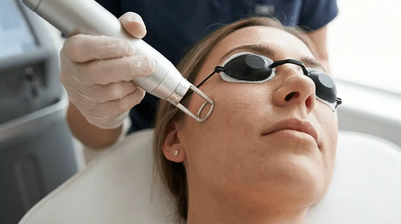 A close-up of a patient receiving a skin resurfacing laser treatment.